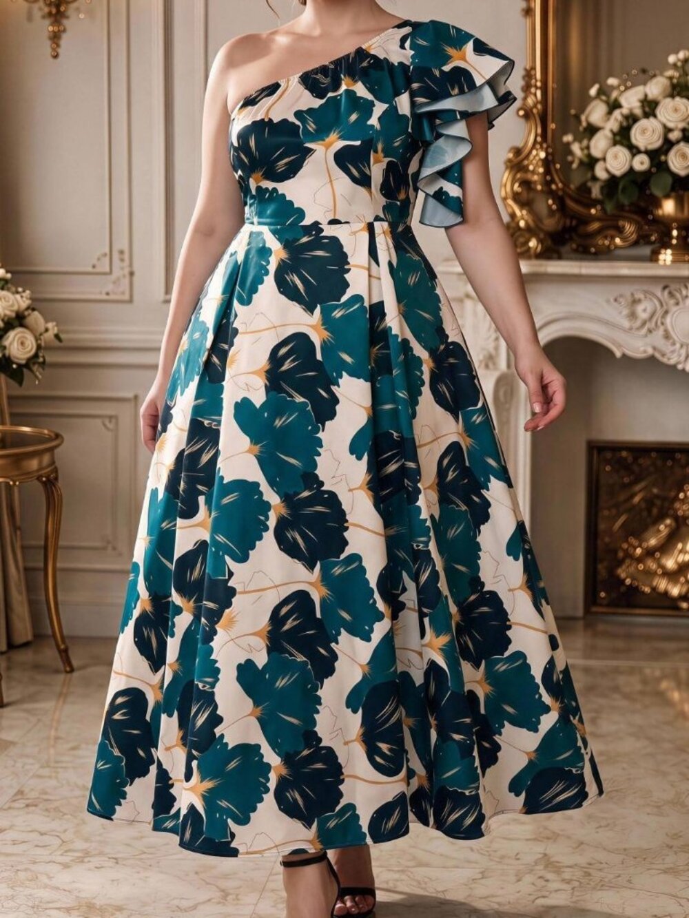 Dark Green Floral Print Asymmetrical Ruffle Hem Cinched Waist Dress